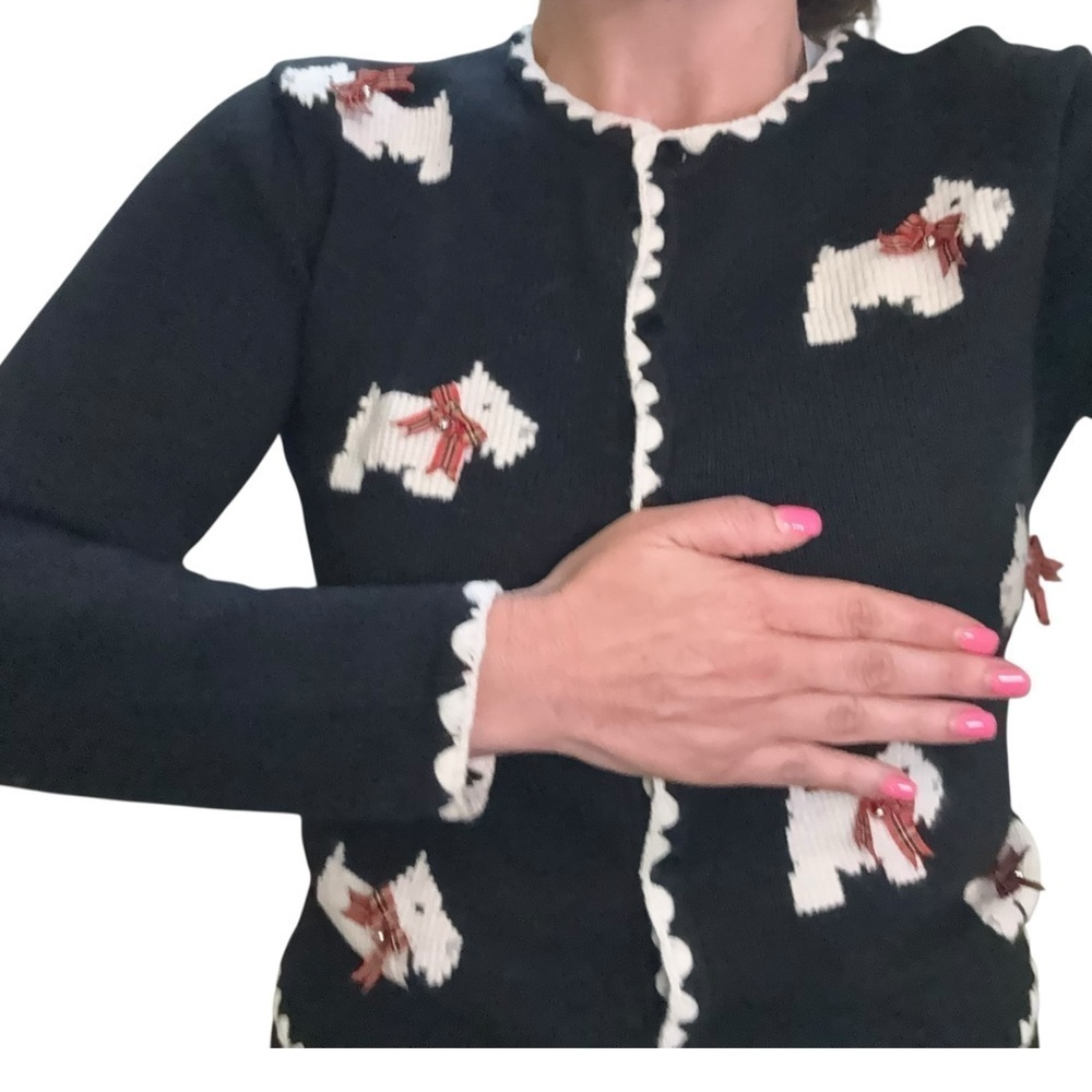 TALBOTS SWEATER CARDIGAN BLACK WHITE DOG WESTIE SCOTTISH TERRIER SIZE SP PETITE - Picture 2 of 15
